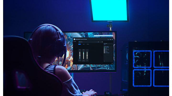 NEEWER GL1C RGB LED panel in a streaming setup, with NEEWER Control Center app showing color and brightness control