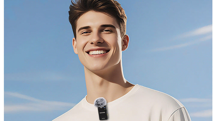 A boy wearing a NEEWER KM15 USB-C Wireless Microphone