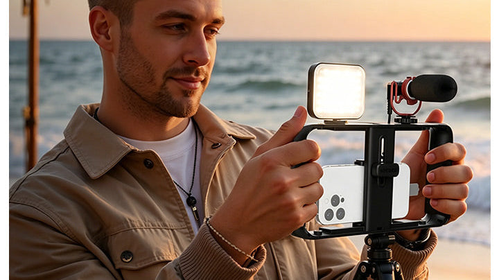 A man is shooting a vlog with the NEEWER BASICS PA055.