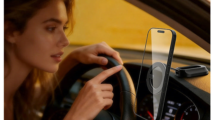 A woman safely navigates in a car while her phone is securely mounted on a dashboard via a magnetic mount.