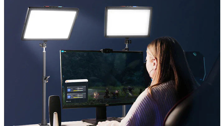 NEEWER GL1 PRO on desk stand beside gaming PC, soft face lighting for live stream