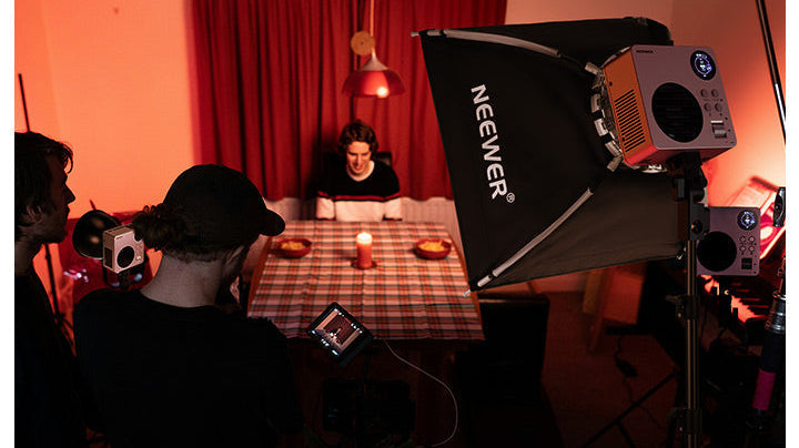 NEEWER HB80C compact key light paired with a softbox in a small-room video production setup