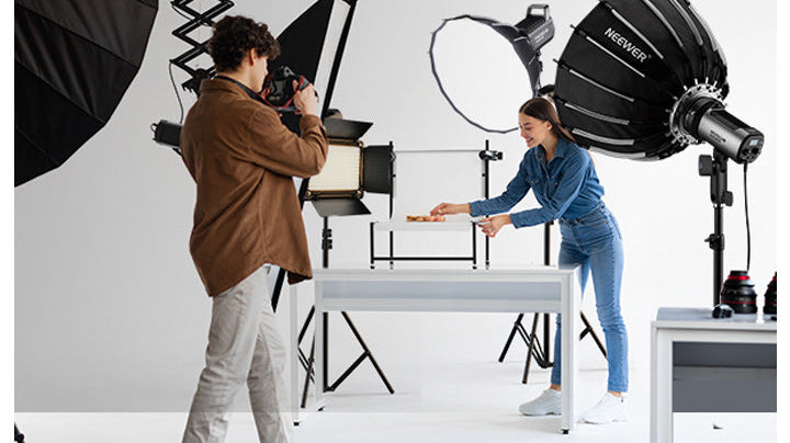 NEEWER MS150C COB key light with softbox in a studio product photography setup