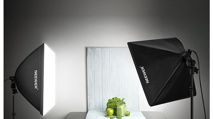 NEEWER two-light softbox kit setup for product photography with green smoothie and fruit on white marble surface