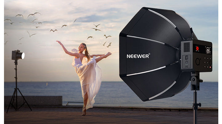 Octagonal softbox light for NEEWER Q6 outdoor dance shoot.