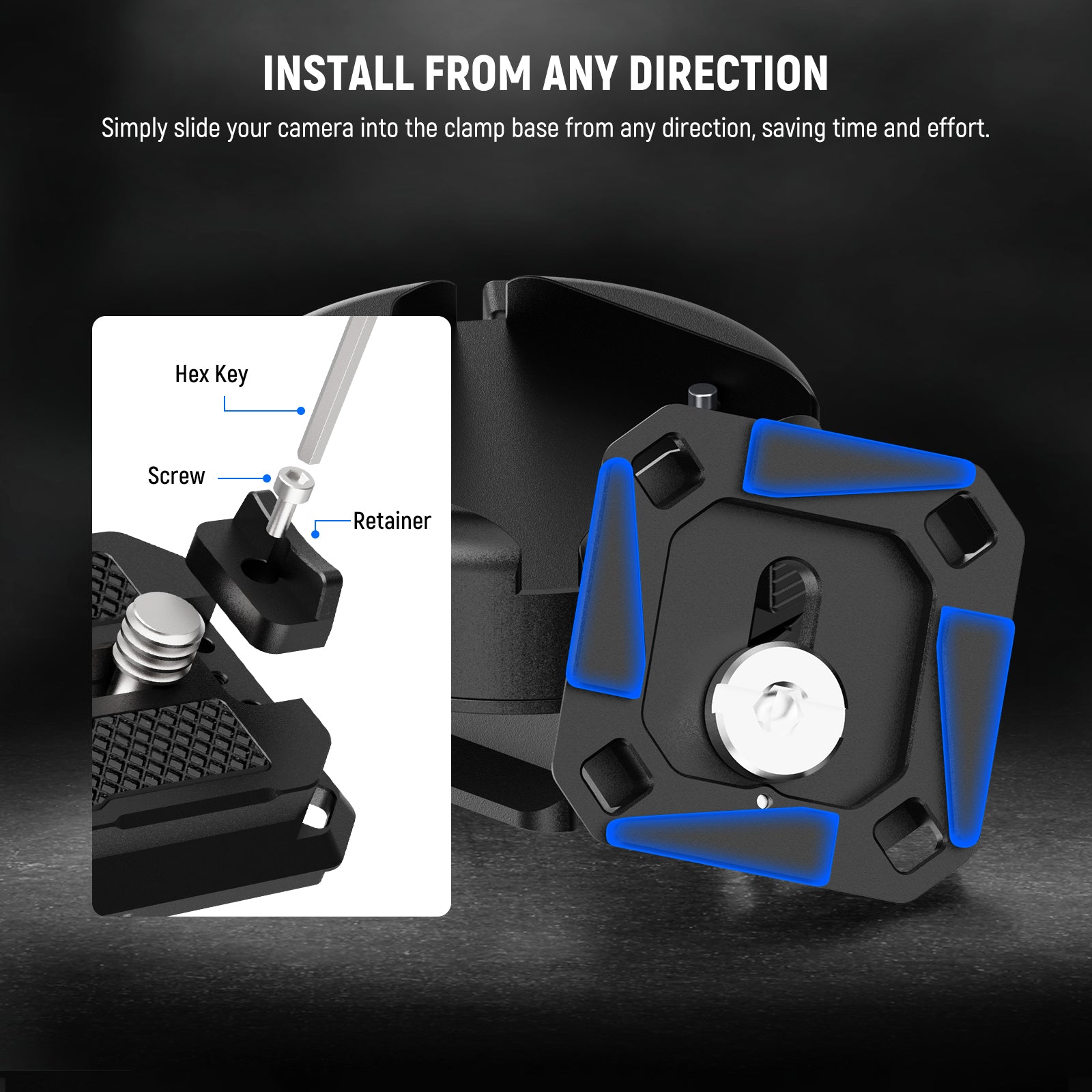 This square QR plate with four side Arca Type slots ensures seamless landscape to portrait compositions without removing the plate.