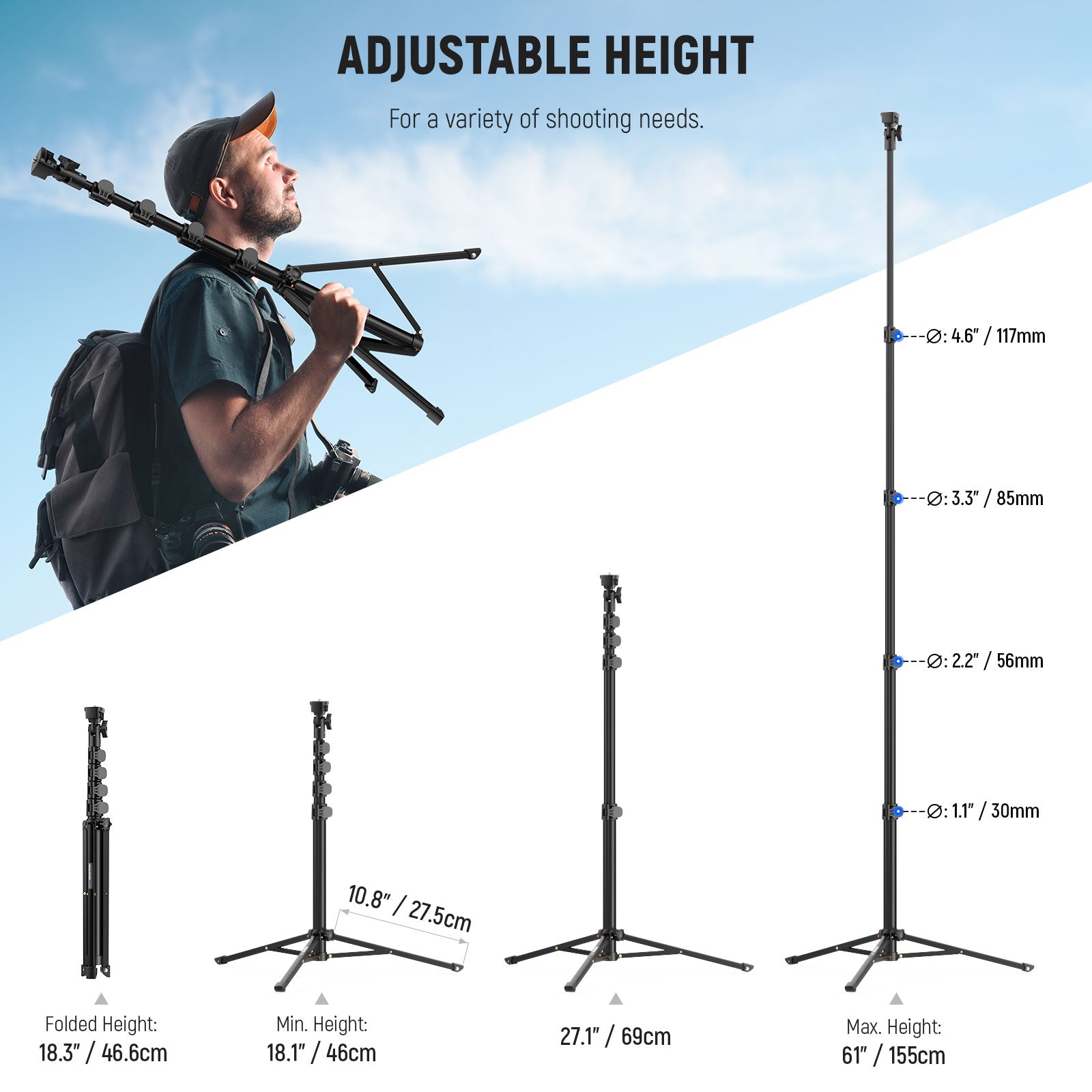 NEEWER ST155+SP-08 Phone Tripod Light Stand is adjustable from 46cm to 155cm.
