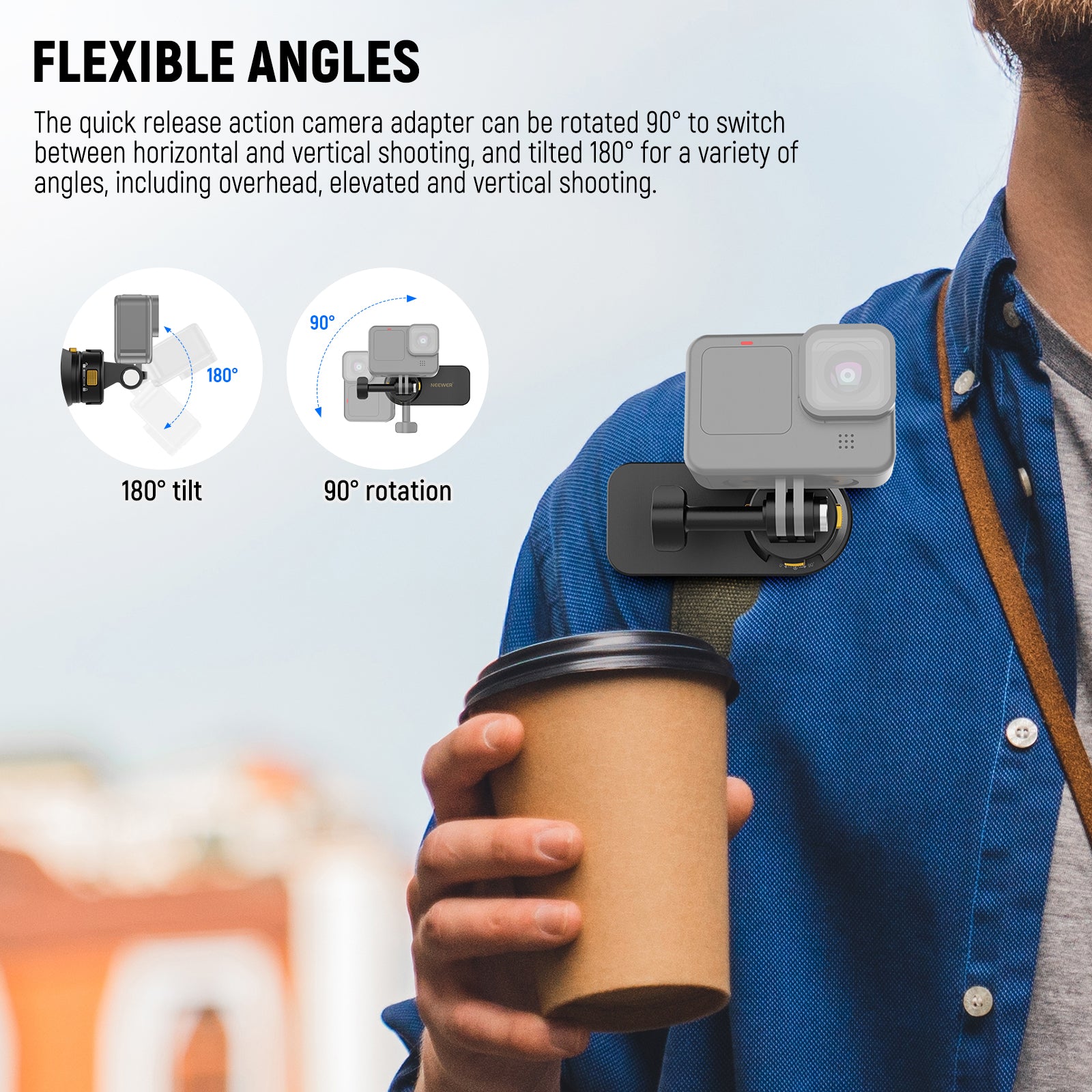 The quick release action camera adapter can be rotated 90°.