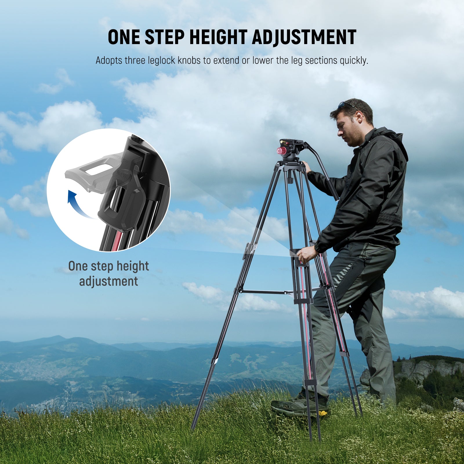 NEEWER LL38 Professional Video Tripod adoptd three leglock knobs to extend or lower the leg sections quickly.