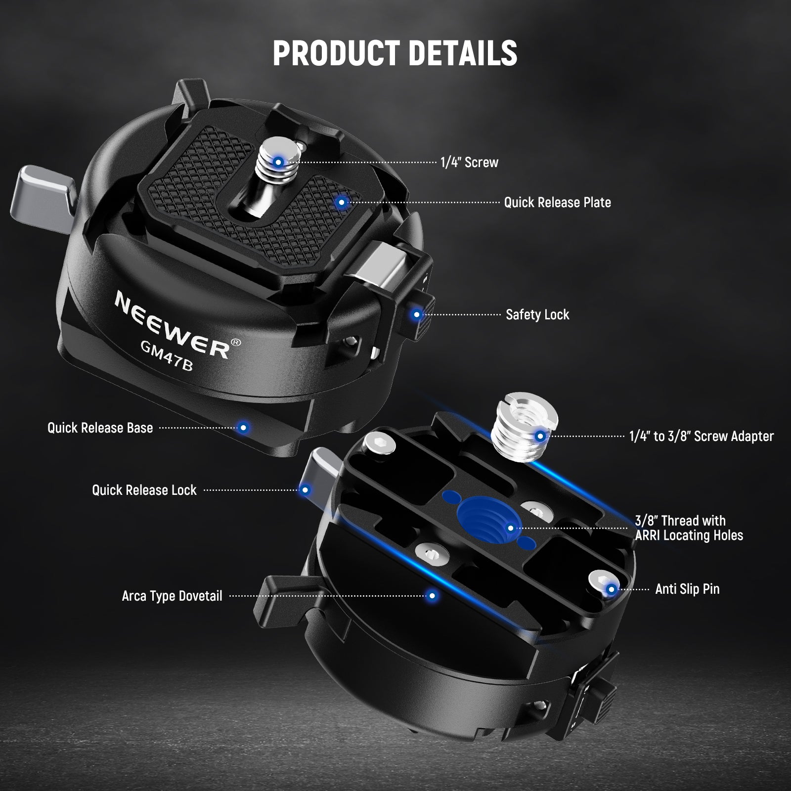 Product details of the NEEWER GM47B Anti Twist Camera Quick Release Plate