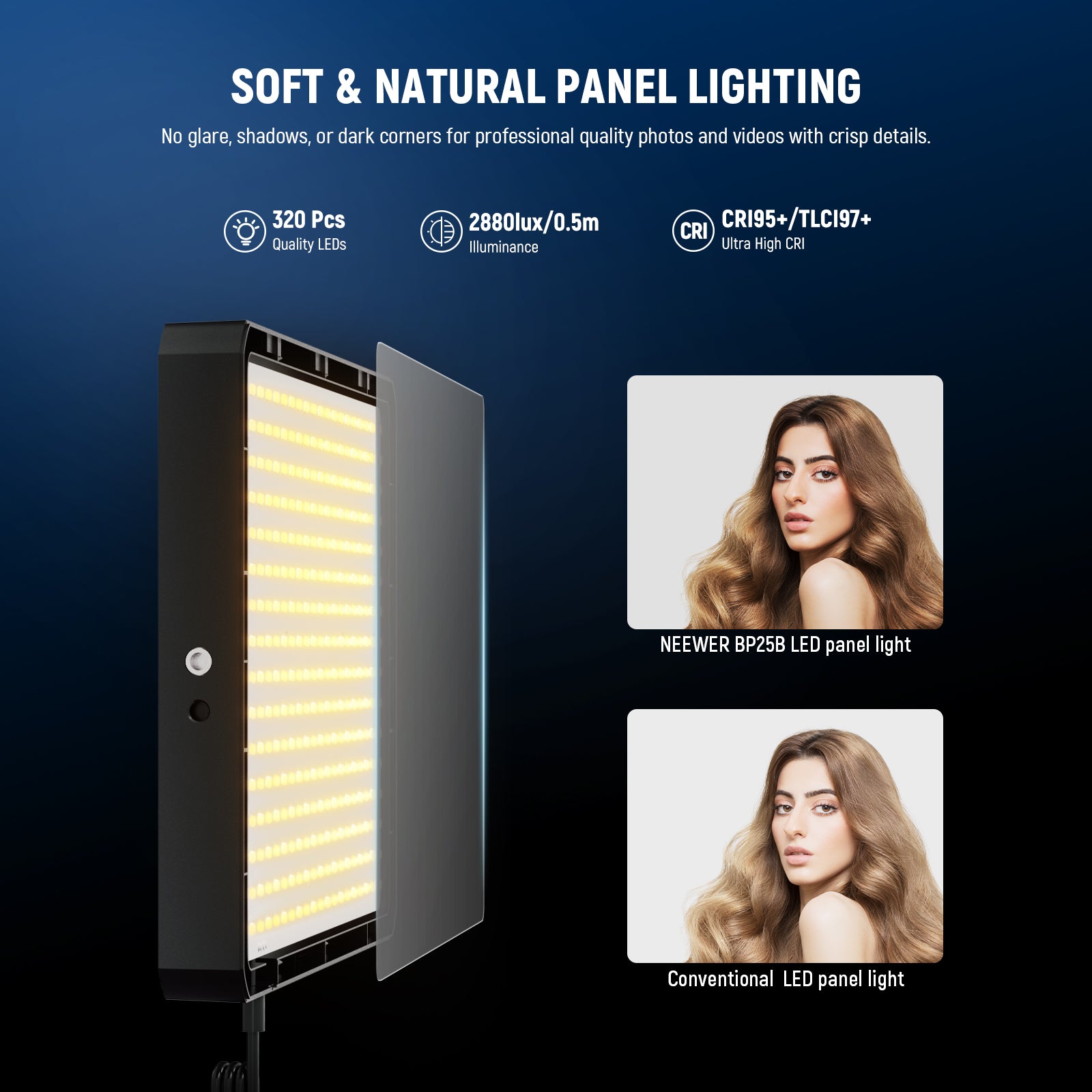 NEEWER BP25B Bi-Color LED Video Panel Light features 320 LEDs.