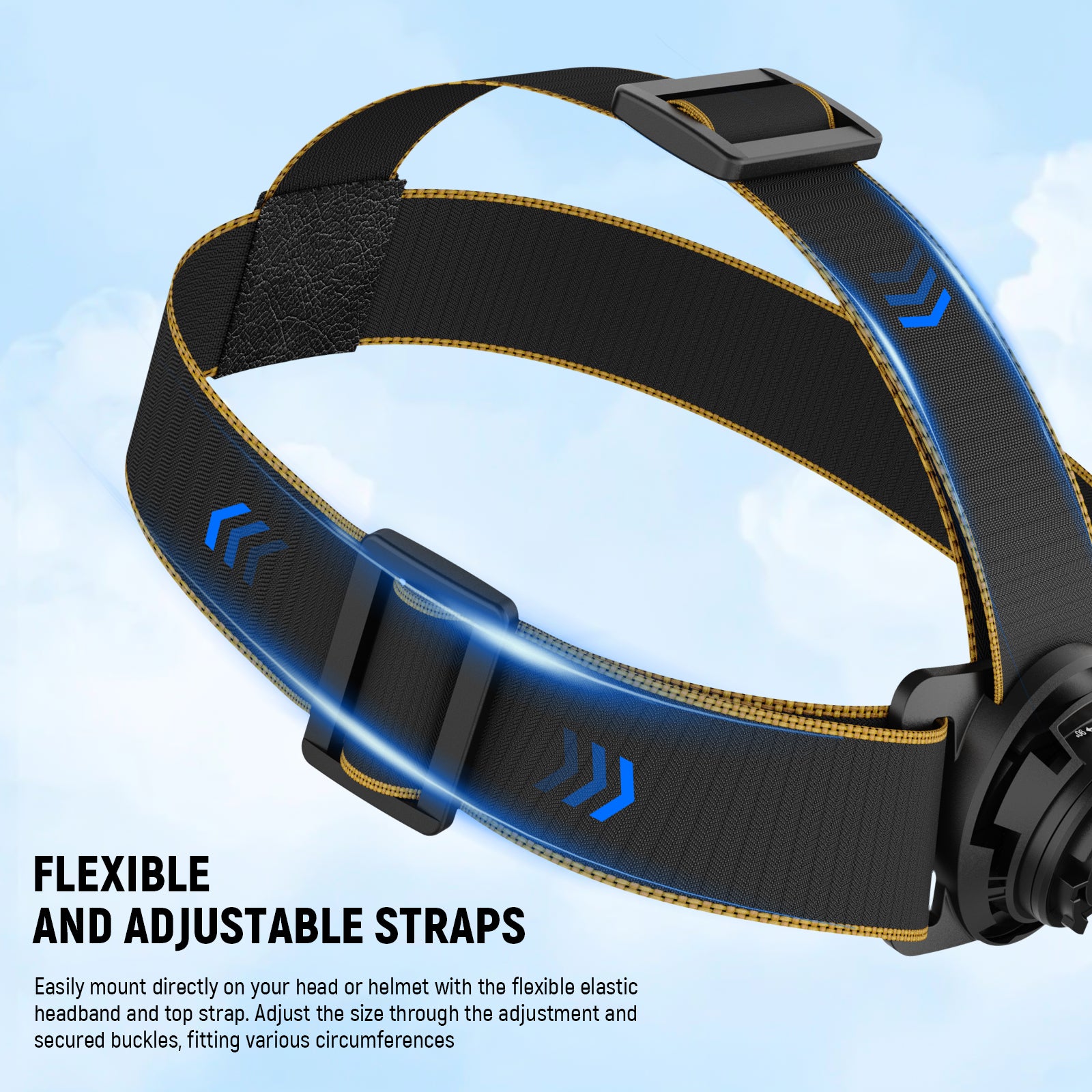 Easy to mount this head mount on your head directly or helmet with the flexible elastic headband and top strap.