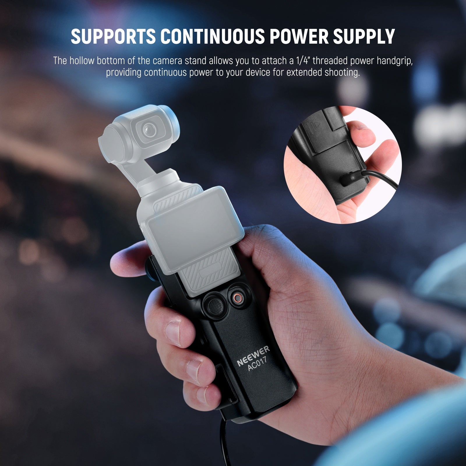 The hollow bottom of the camera stand provides continuous power.