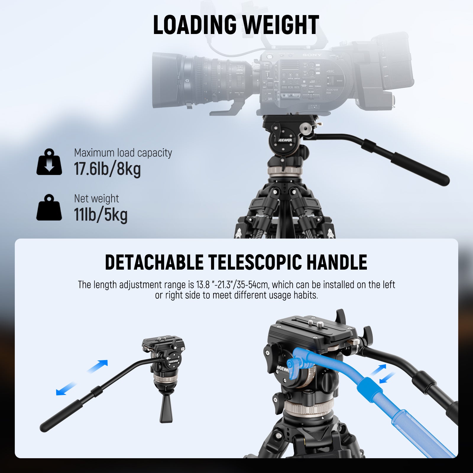 Load capacity of the NEEWER LL55 Carbon Fiber Tripod is 17.6lb.