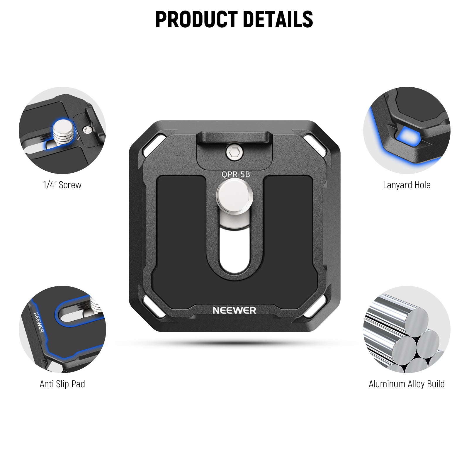 Product detail of the NEEWER QPR-5B 2 Pack 38mm Square Quick Release Plate