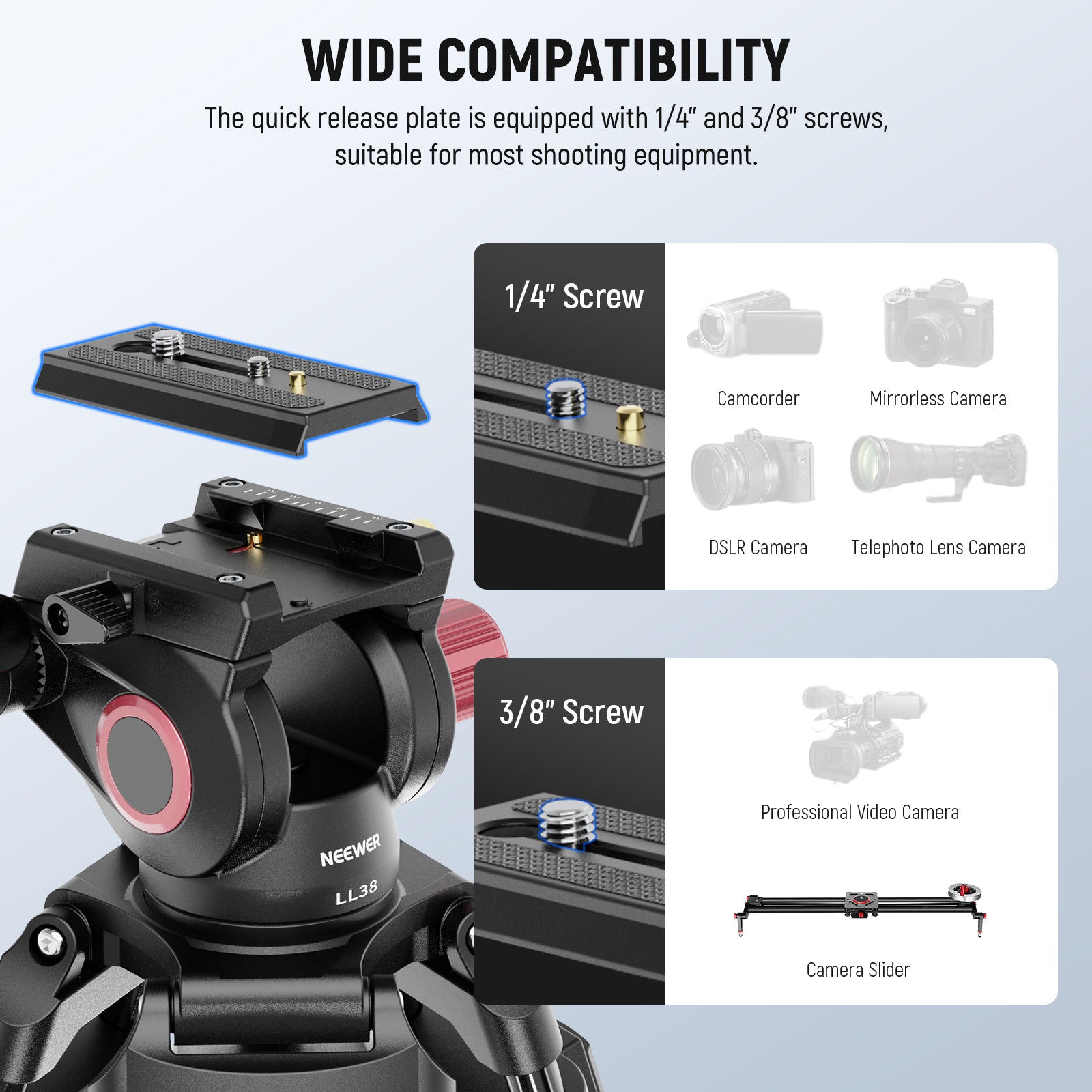 Wide Compatibility of the NEEWER LL38 Professional Video Tripod