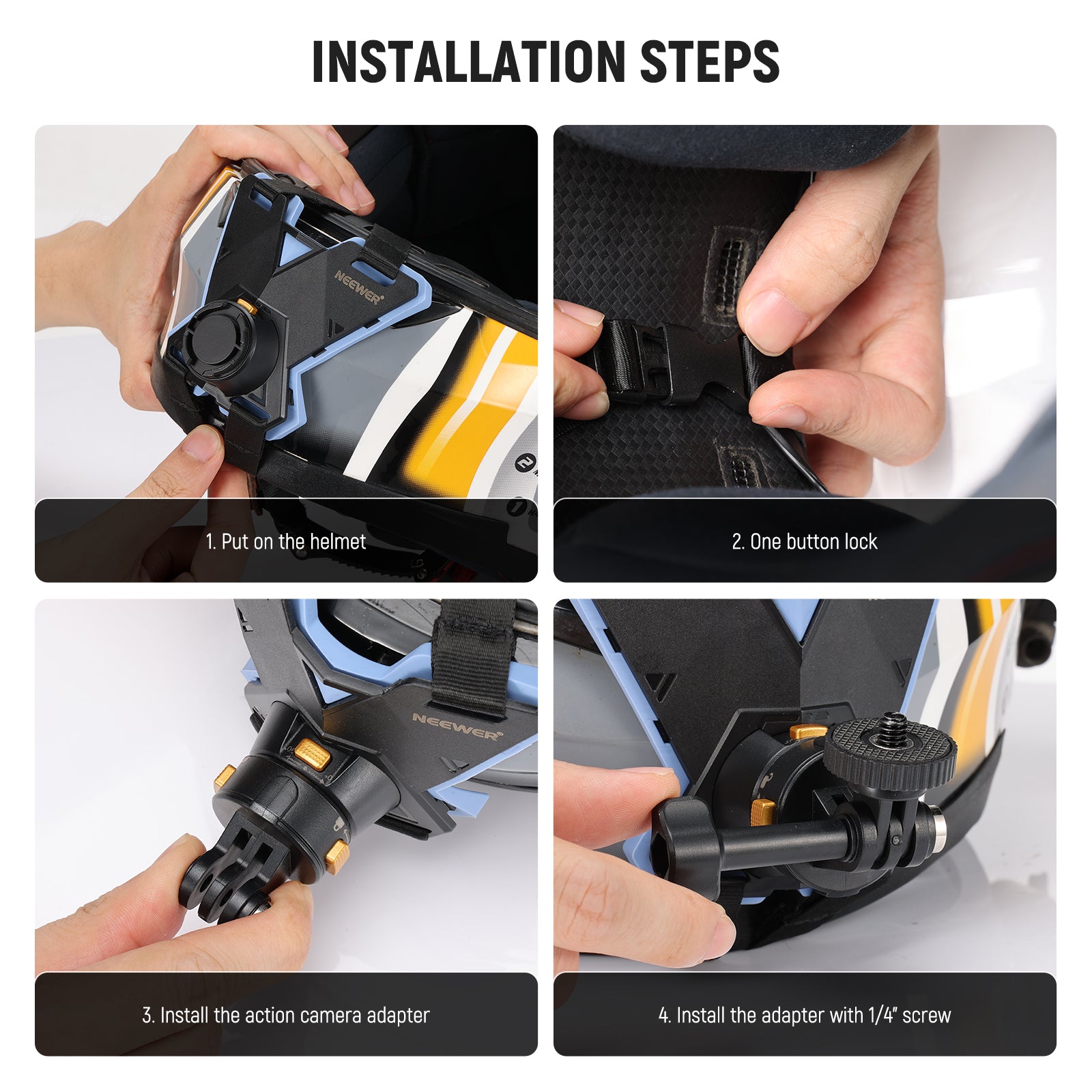 Installation steps of the NEEWER GP19 Action Camera Helmet Chin Strap Mount