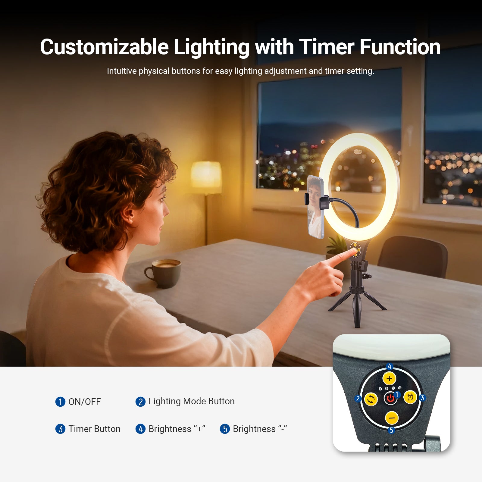 NEEWER N25 Desk Ring Light Kit supports customizable lighting with a Timer function.