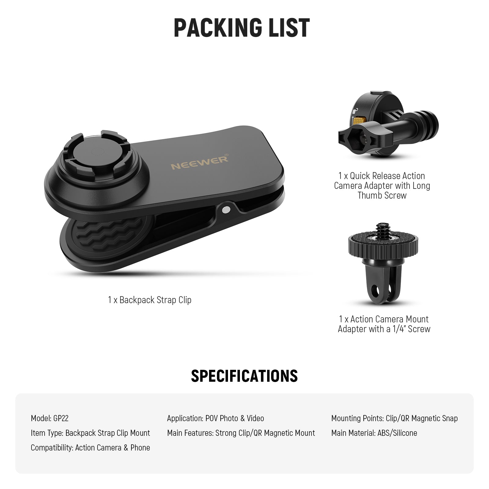 Package Contents of the NEEWER GP22 Action Camera Backpack Strap Clip Mount