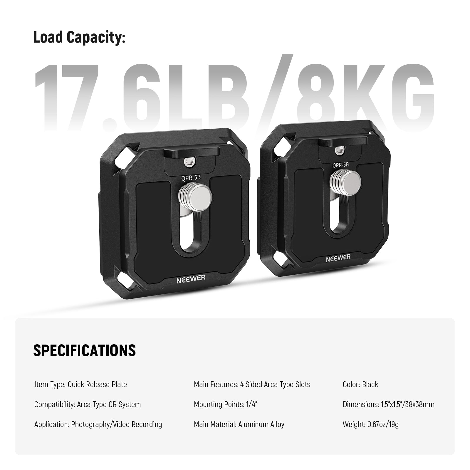 Specifications of the NEEWER QPR-5B 2 Pack 38mm Square Quick Release Plate