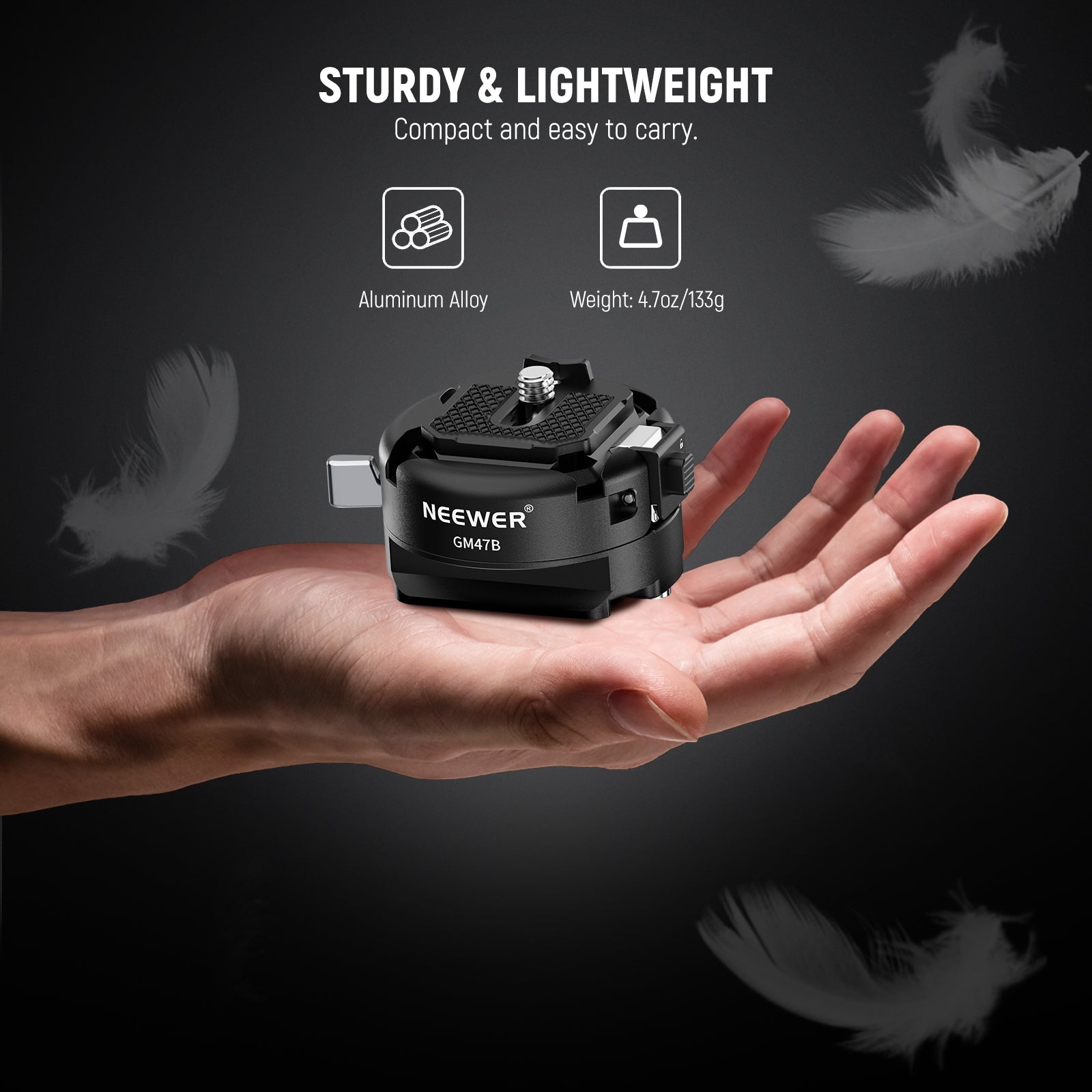 Made of black anodized aluminum alloy, the quick release plate and clamp set is robust, lightweight, and portable