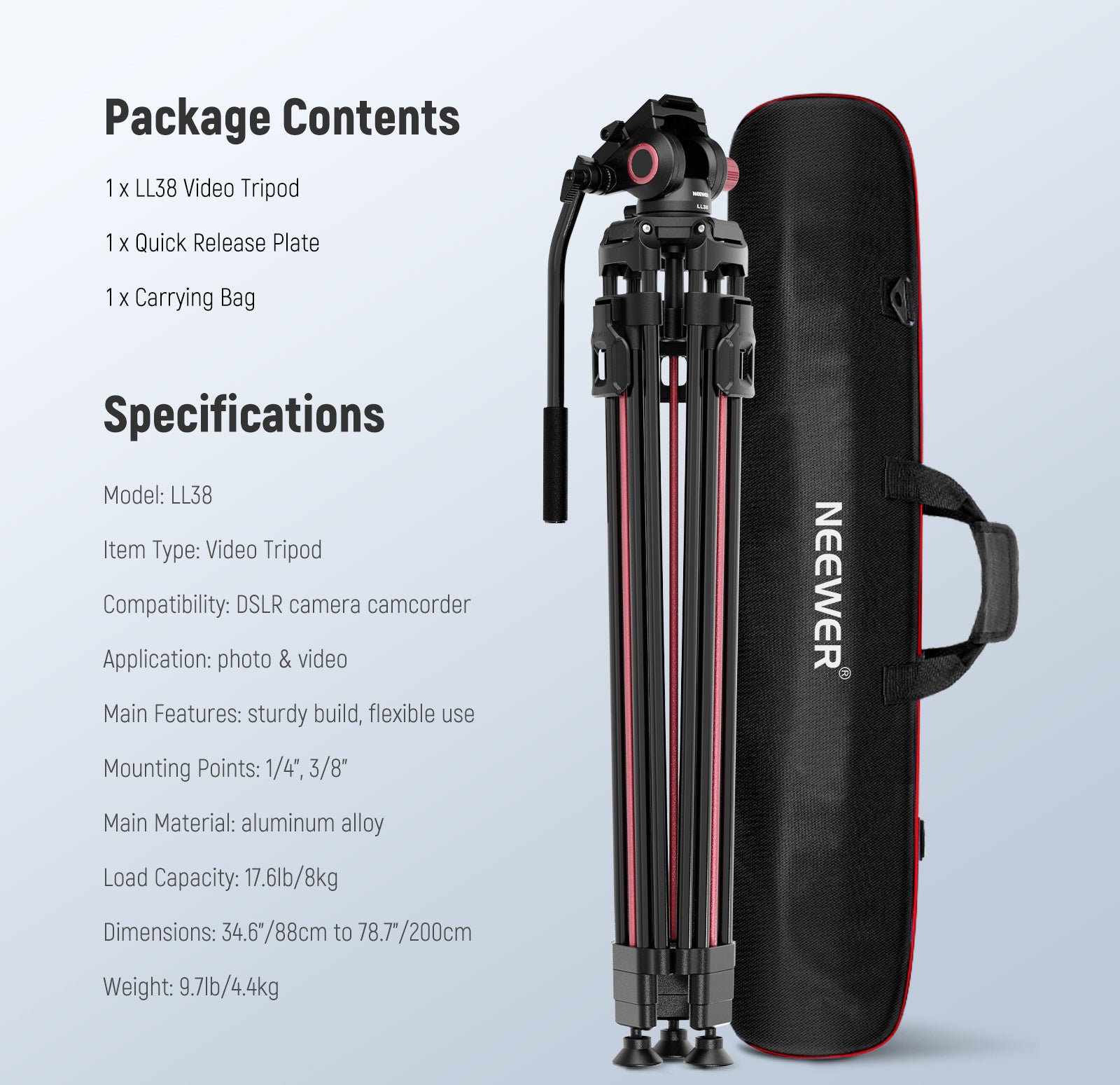 Package Contents of the NEEWER LL38 Professional Video Tripod