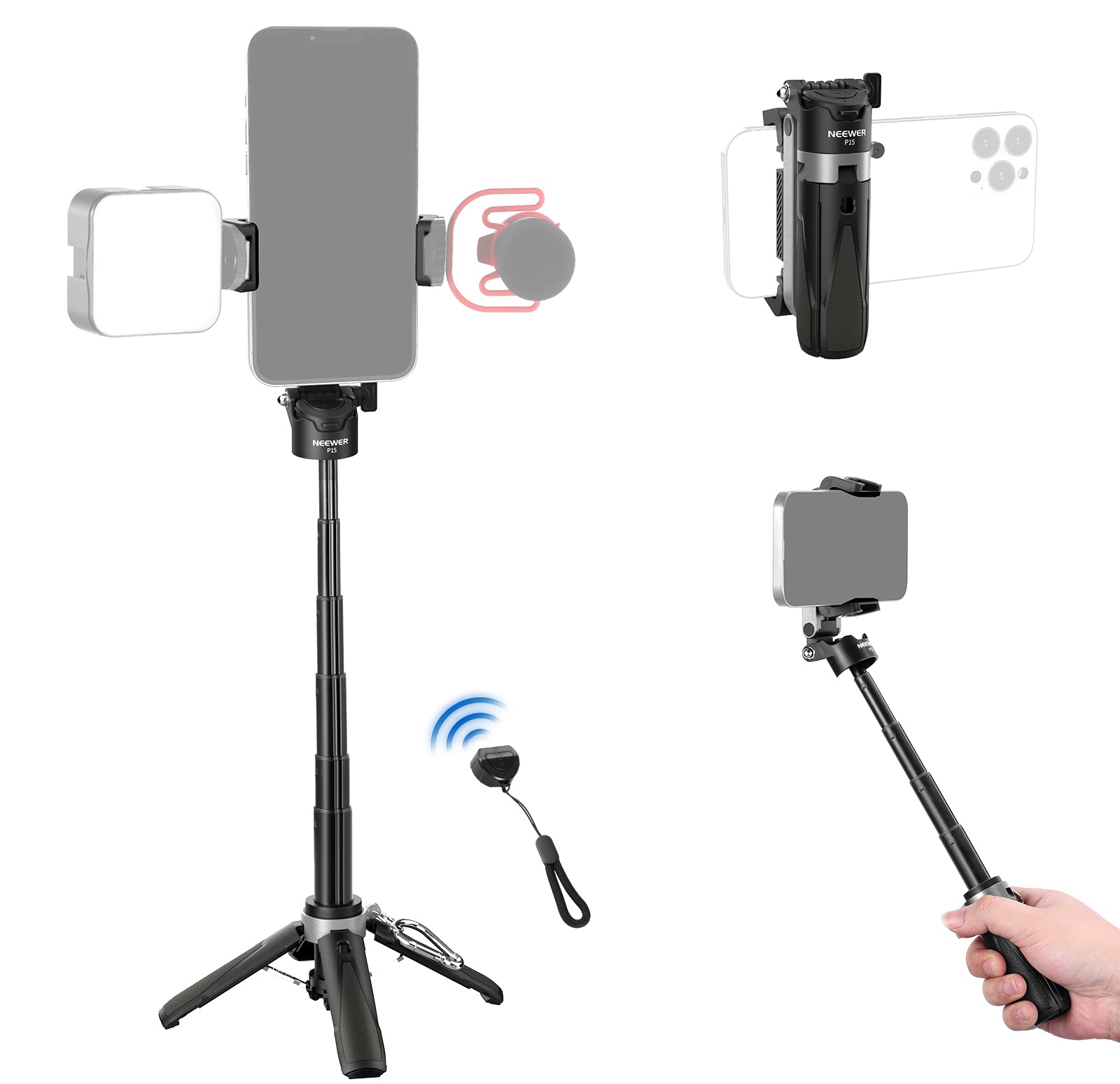 NEEWER P15 3-in-1 Handheld Selfie Stick Tripod - Black