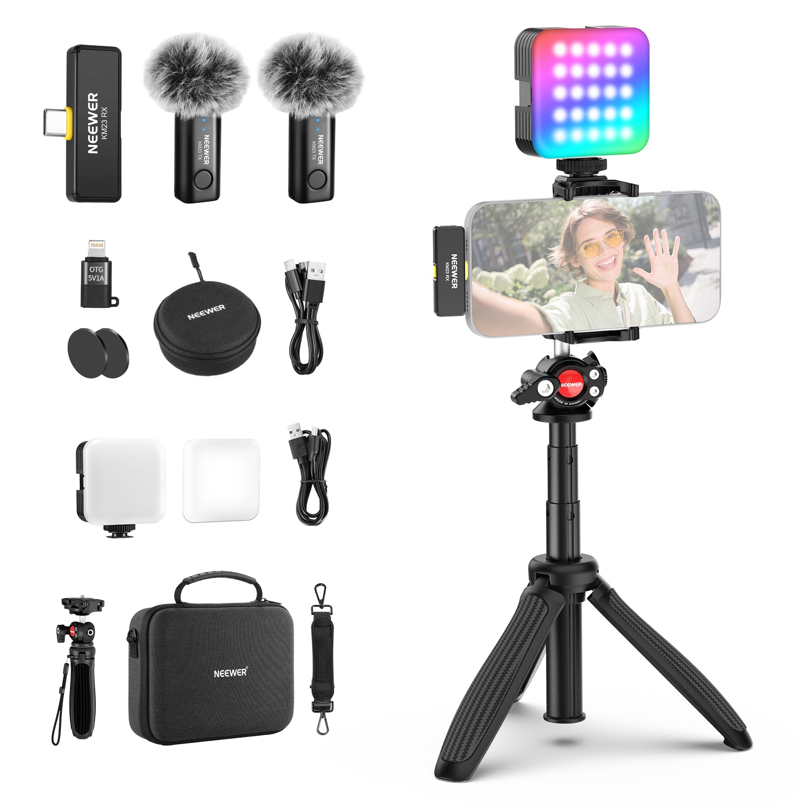 NEEWER PA048 Vlogging Kit for Phone with RGB Light/Wireless Mic/Selfie Stick