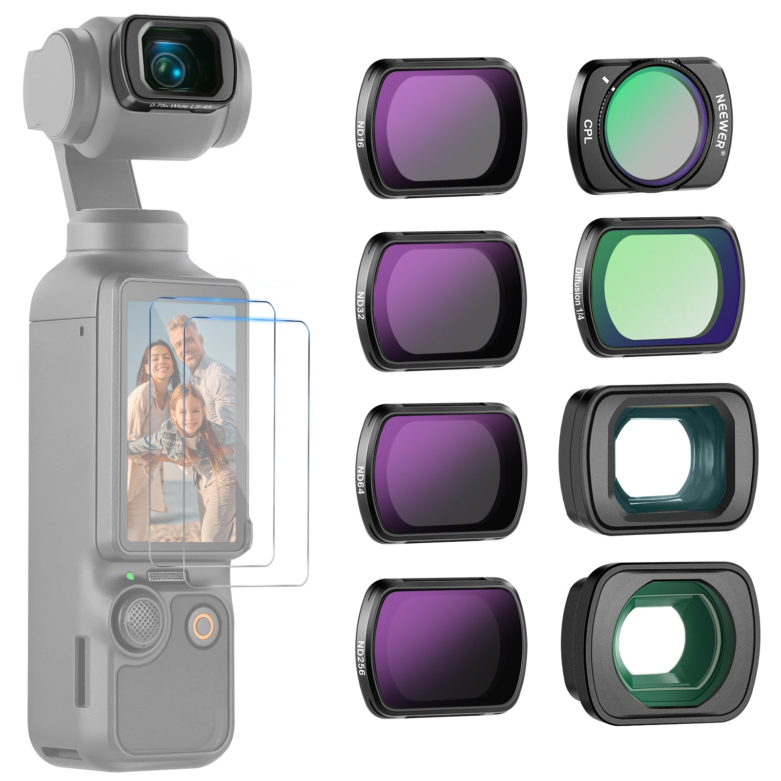 NEEWER 4 Pack ND Filters+0.75X Wide Angle & 2X Macro Lens for DJI Osmo Pocket