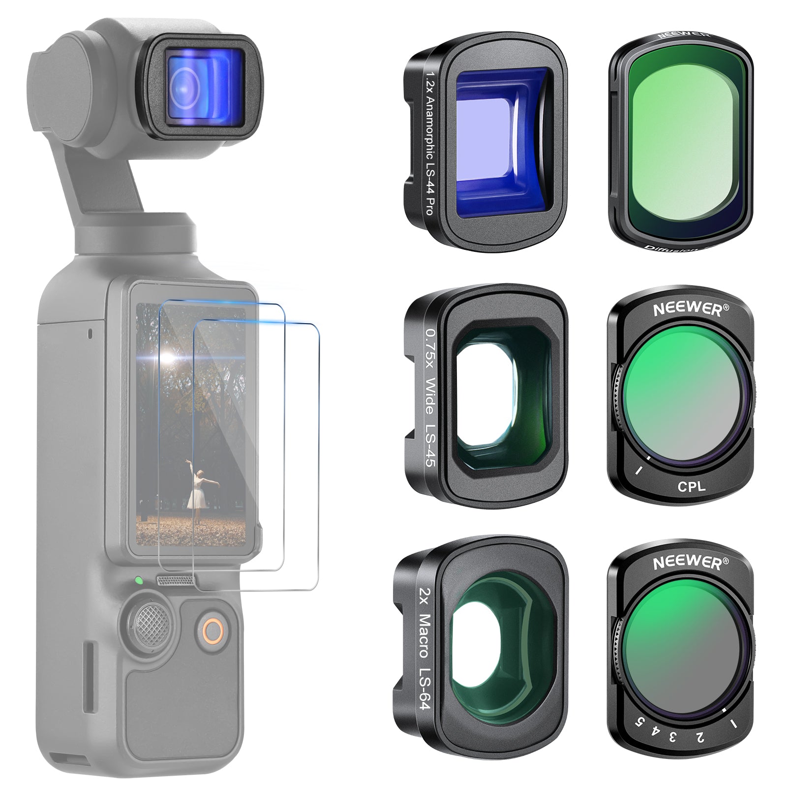 NEEWER 6 Pack Filter and Lens Set for DJI Osmo Pocket 3 - ND/CPL/Black Diffusion Filter with Lens