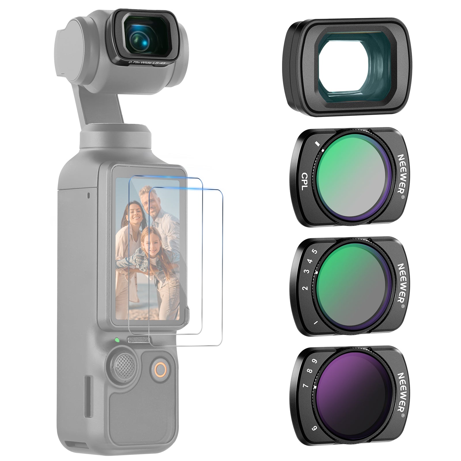 2 variable ND filters (ND2-32 & ND64-512)+CPL filter+0.75X wide angle lens