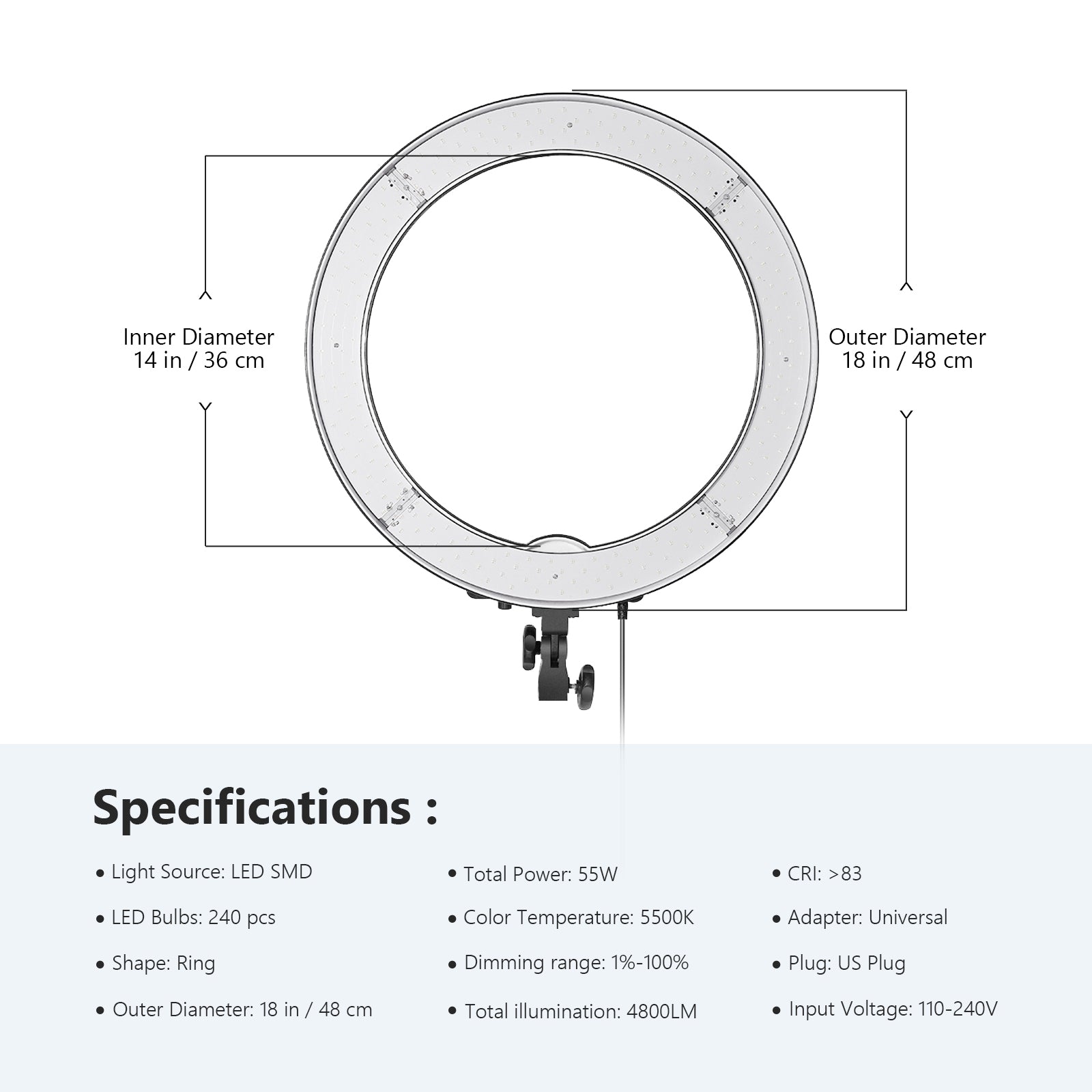 Specifications of the NEEWER RL-18 18-Inch 55W Ring Light