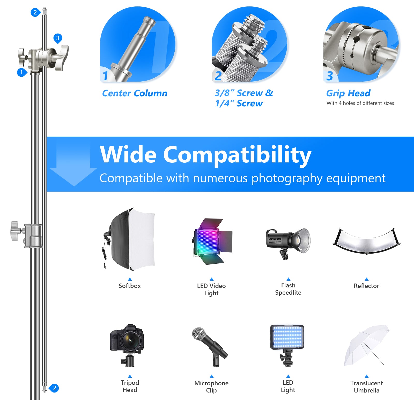 Wide Compatibility of the NEEWER SC320 320cm Stainless Steel C Stand