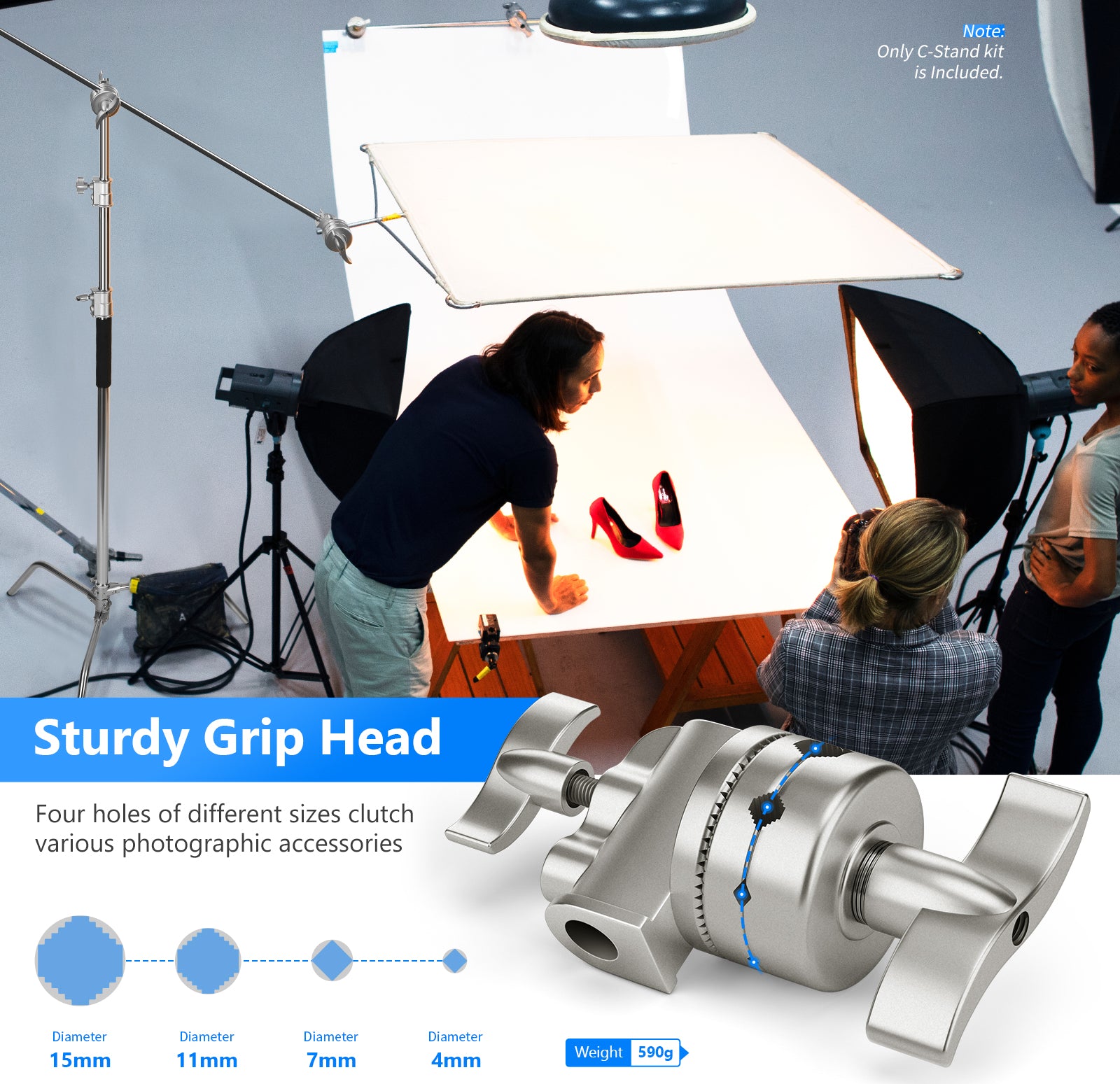 NEEWER SC320 320cm Stainless Steel C Stand comes with a metal grip heads.