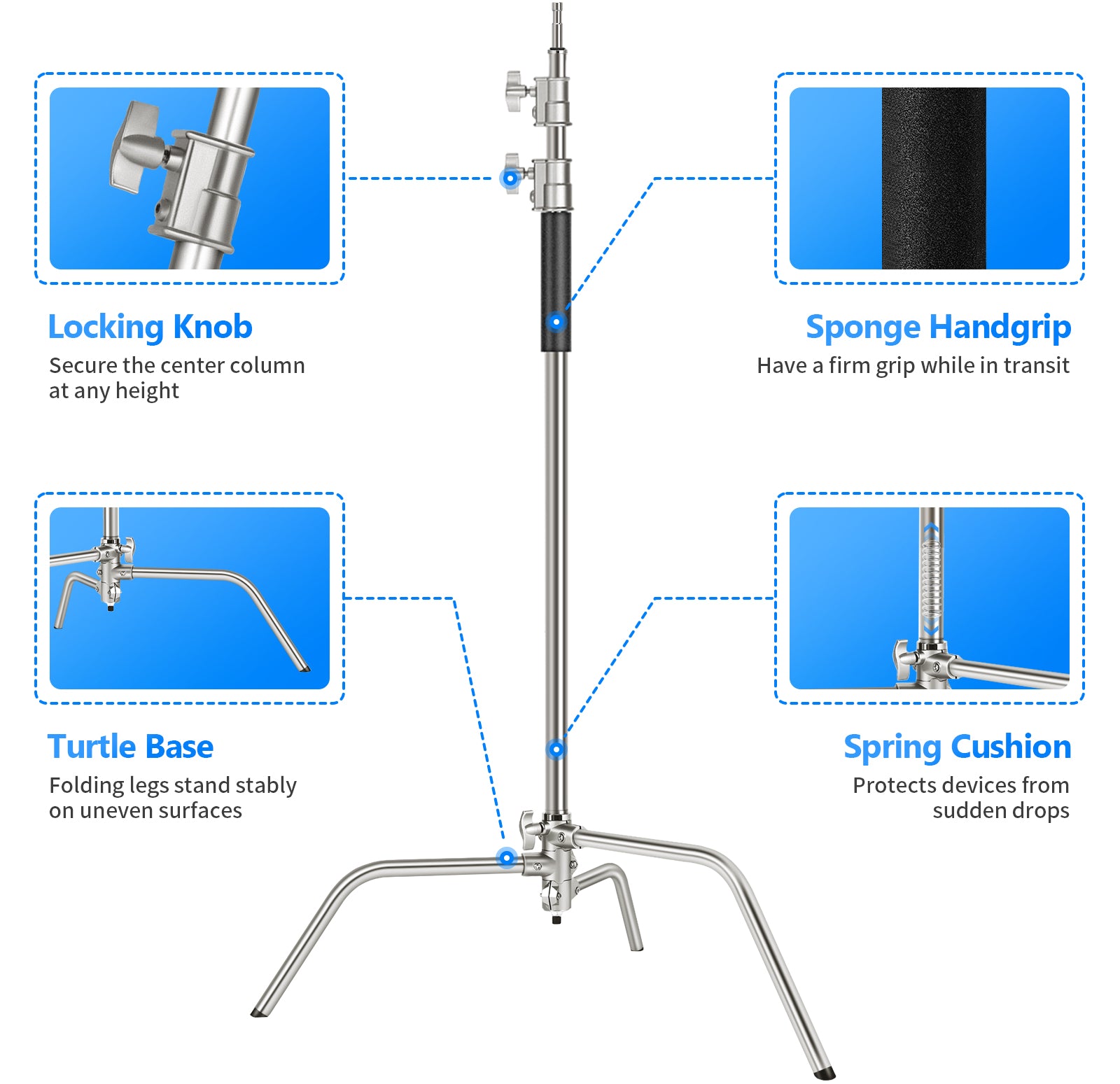 NEEWER SC320 320cm Stainless Steel C Stand features the foldable turtle base.