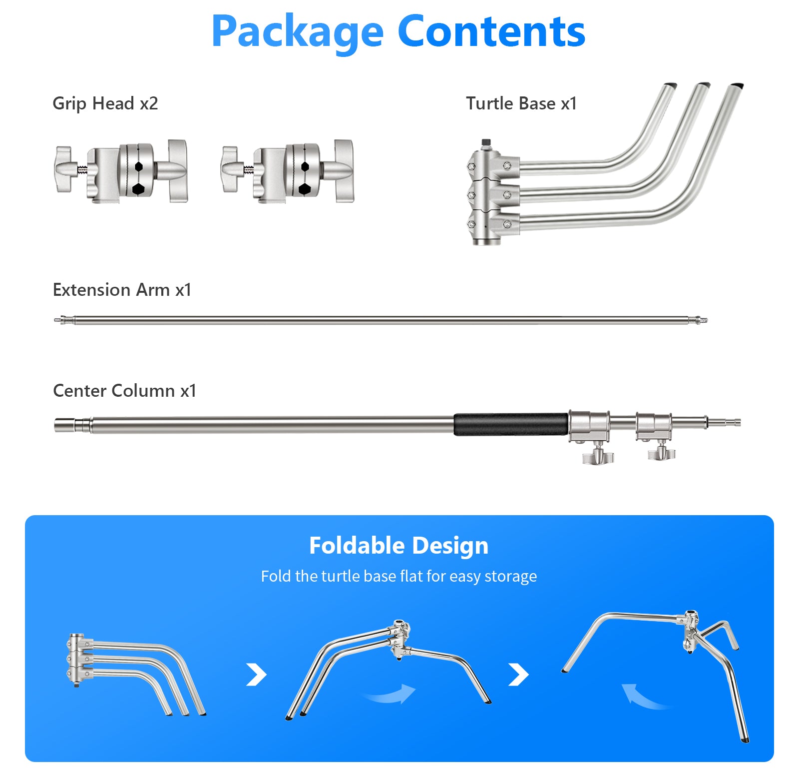 Package Contents of the NEEWER SC320 320cm Stainless Steel C Stand with Boom Arm