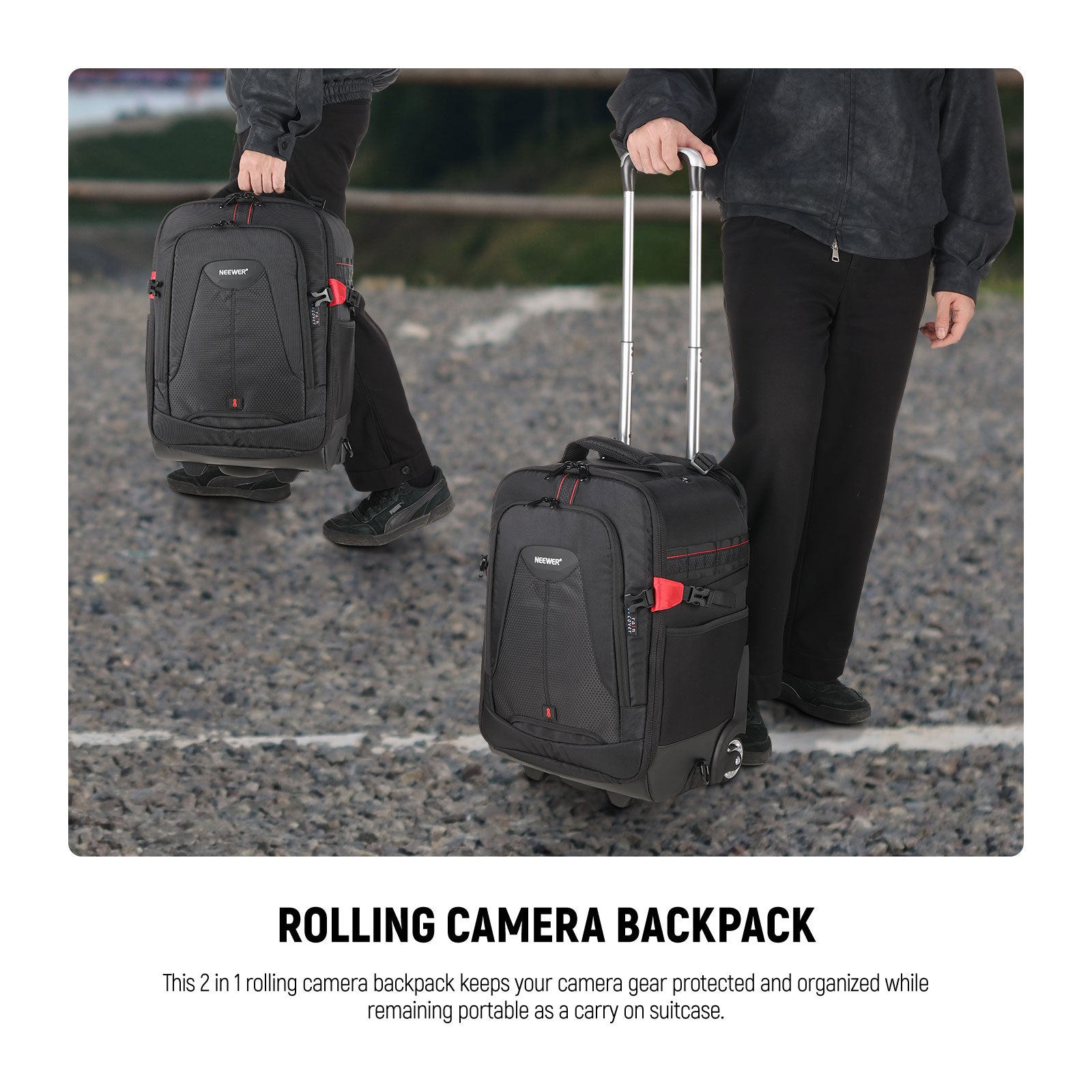 NEEWER 2-in-1 Rolling Camera Case can store and transport most of your camera gear with exceptional ease and convenience.