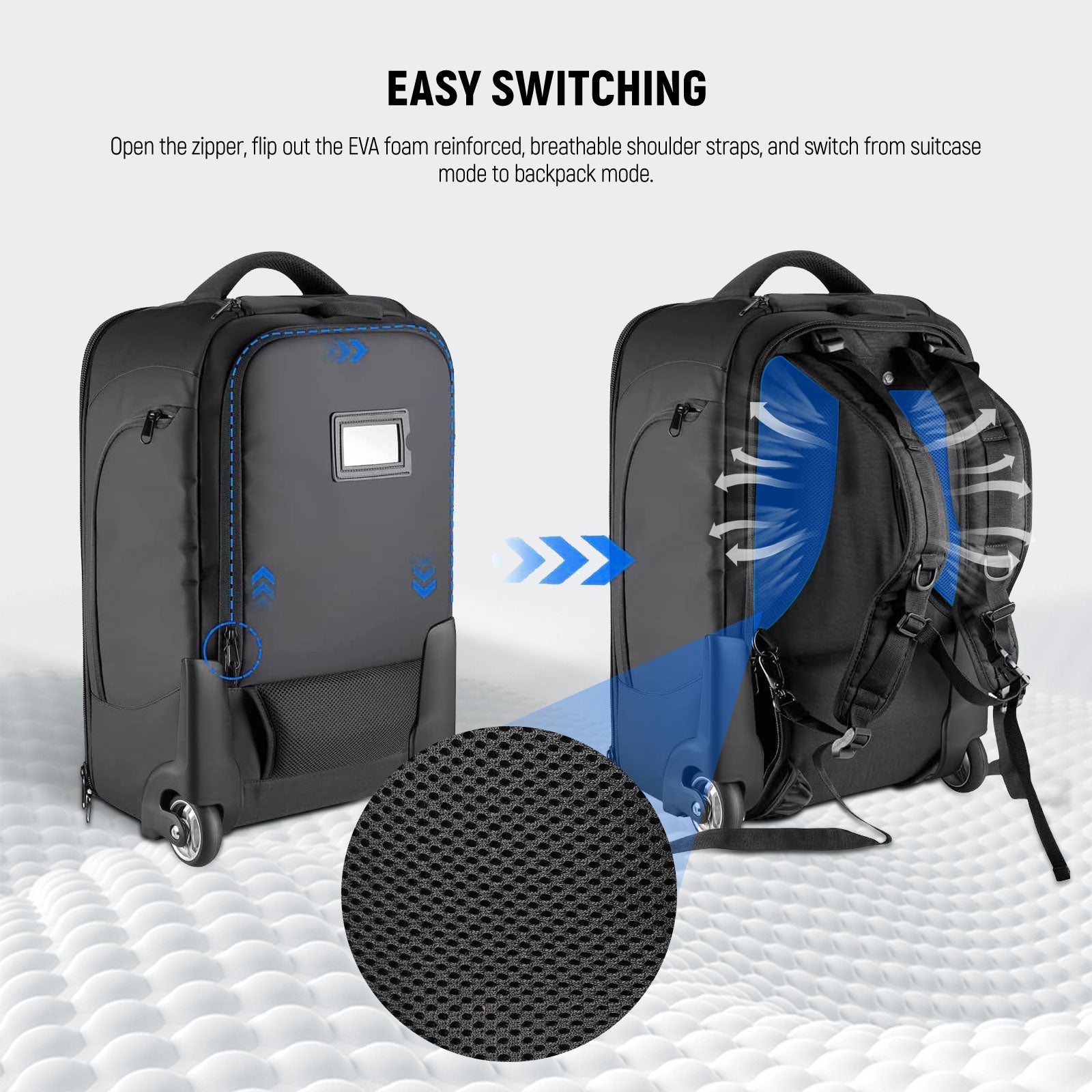 NEEWER 2-in-1 Rolling Camera Bag is easy to switch from suitcase mode to backpack mode.