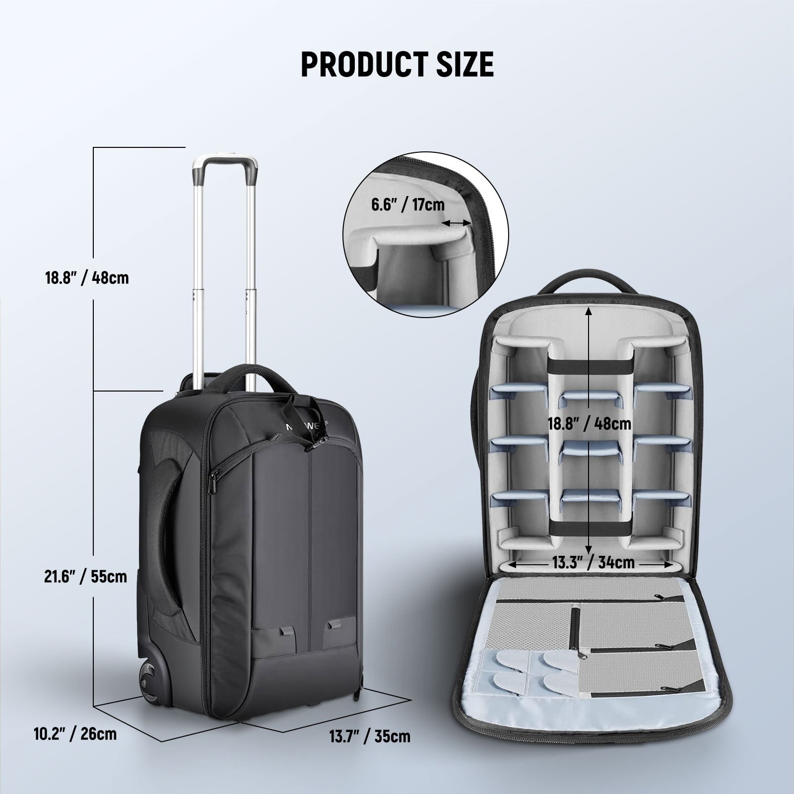 Product size of the NEEWER 2-in-1 Rolling Camera Bag