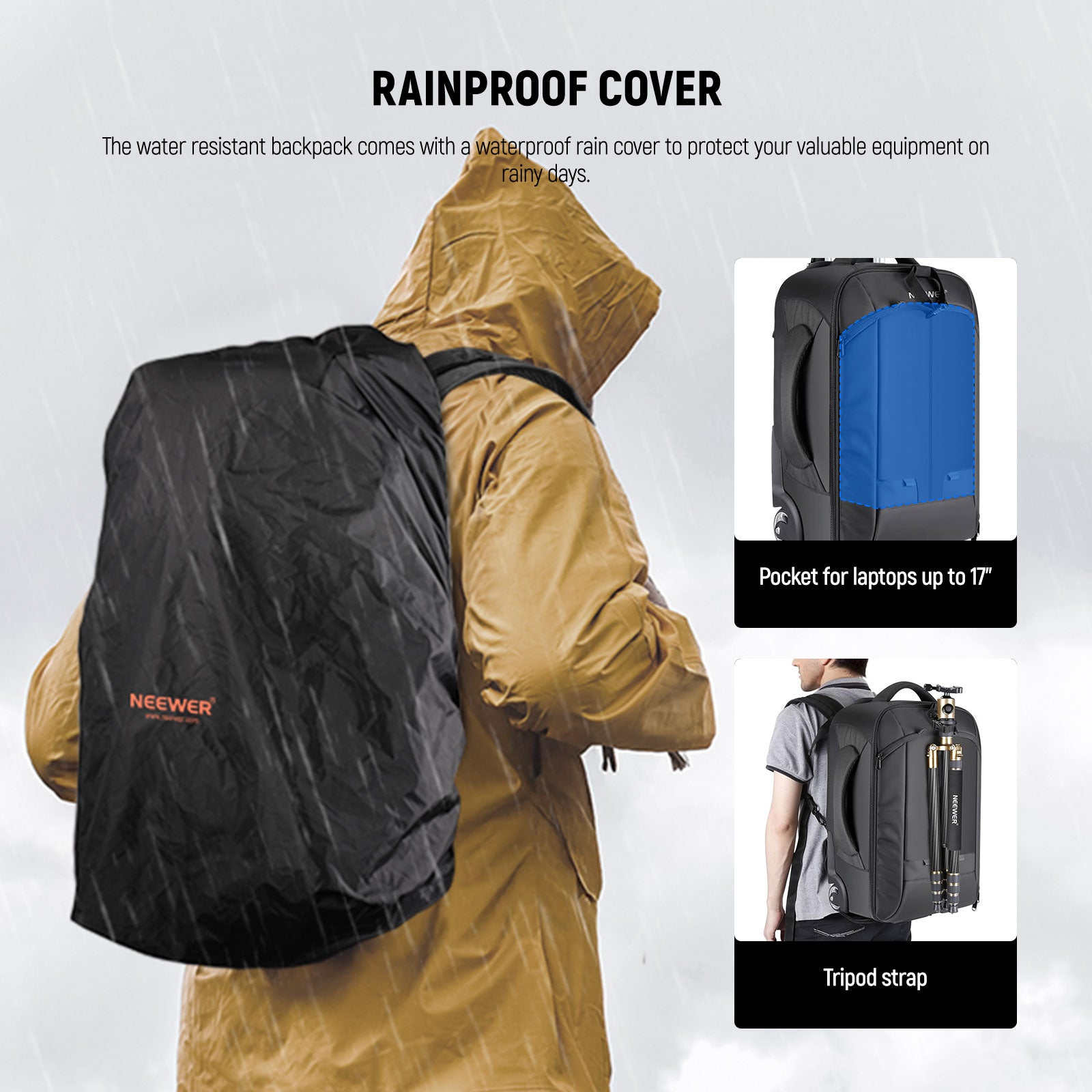 NEEWER 2-in-1 Rolling Camera Bag comes with a waterproof rain cover.
