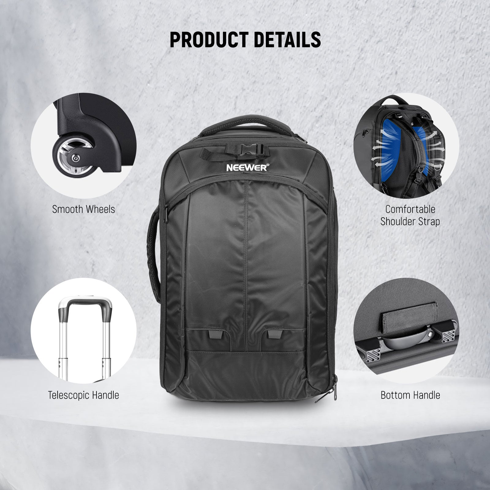 Product details of the NEEWER 2-in-1 Rolling Camera Bag