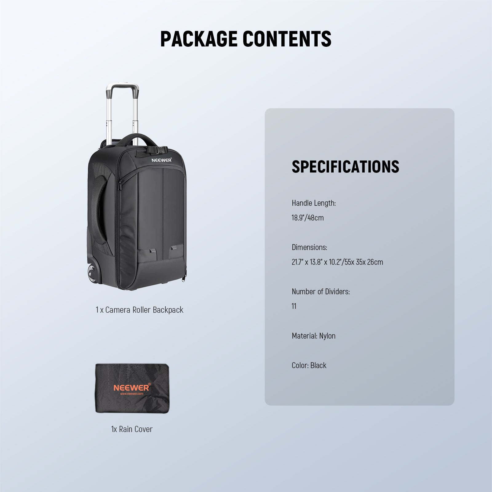 Package Contents of the NEEWER 2-in-1 Rolling Camera Bag