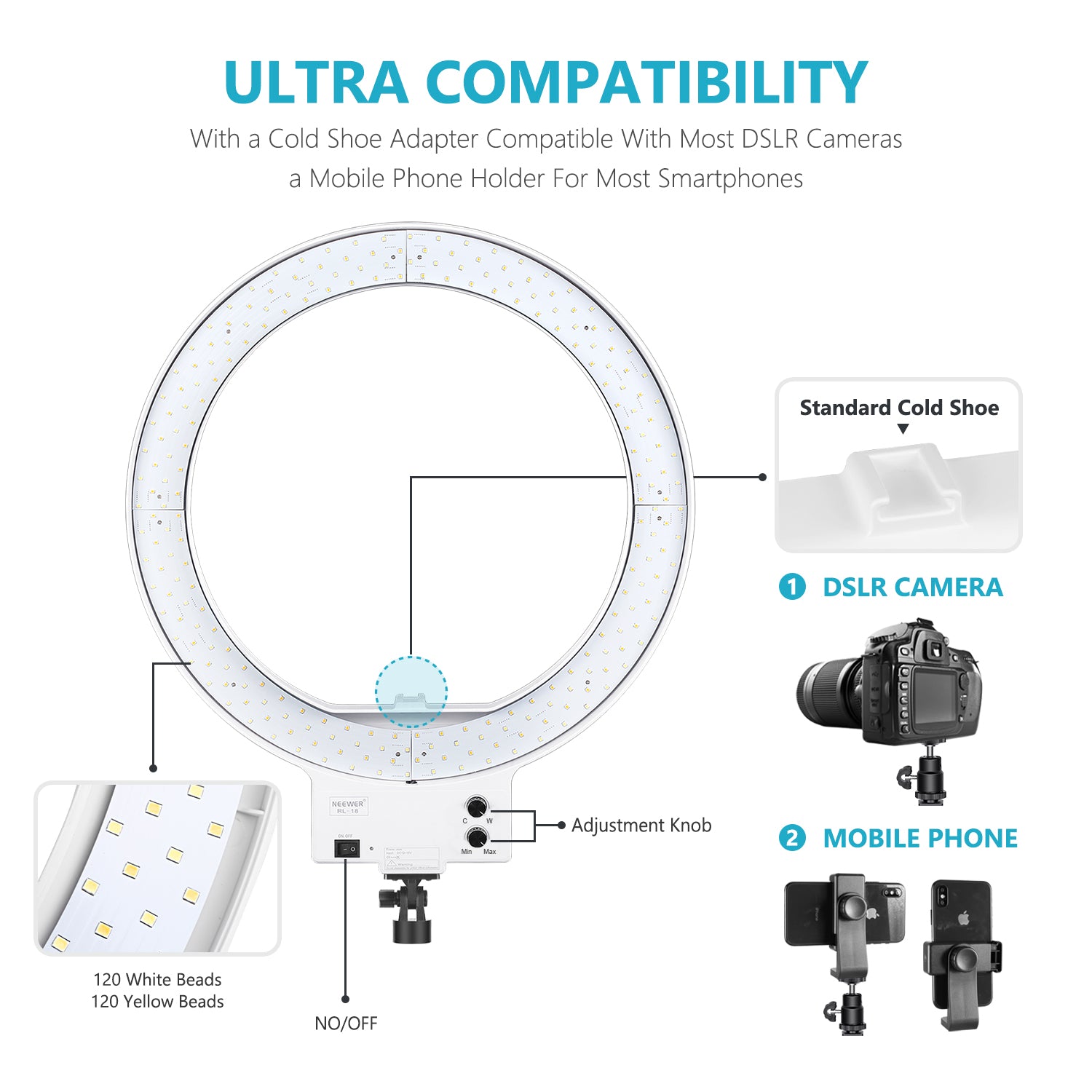 NEEWER 18" White Dimmable Bi-color LED Ring Light Kit has ultra compatibility.