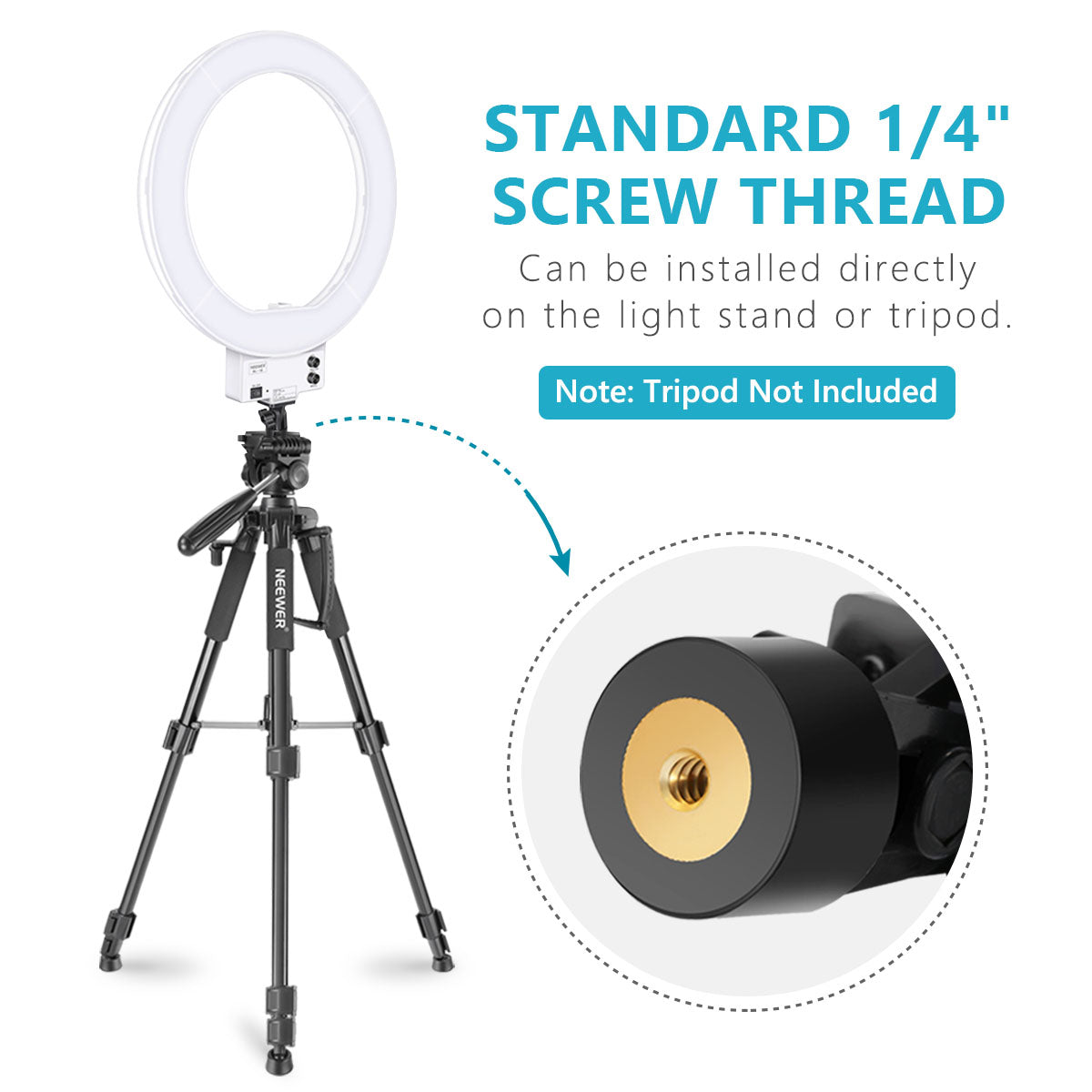 NEEWER 18" White Dimmable Bi-color LED Ring Light can be installed directly on the light stand or tripod.