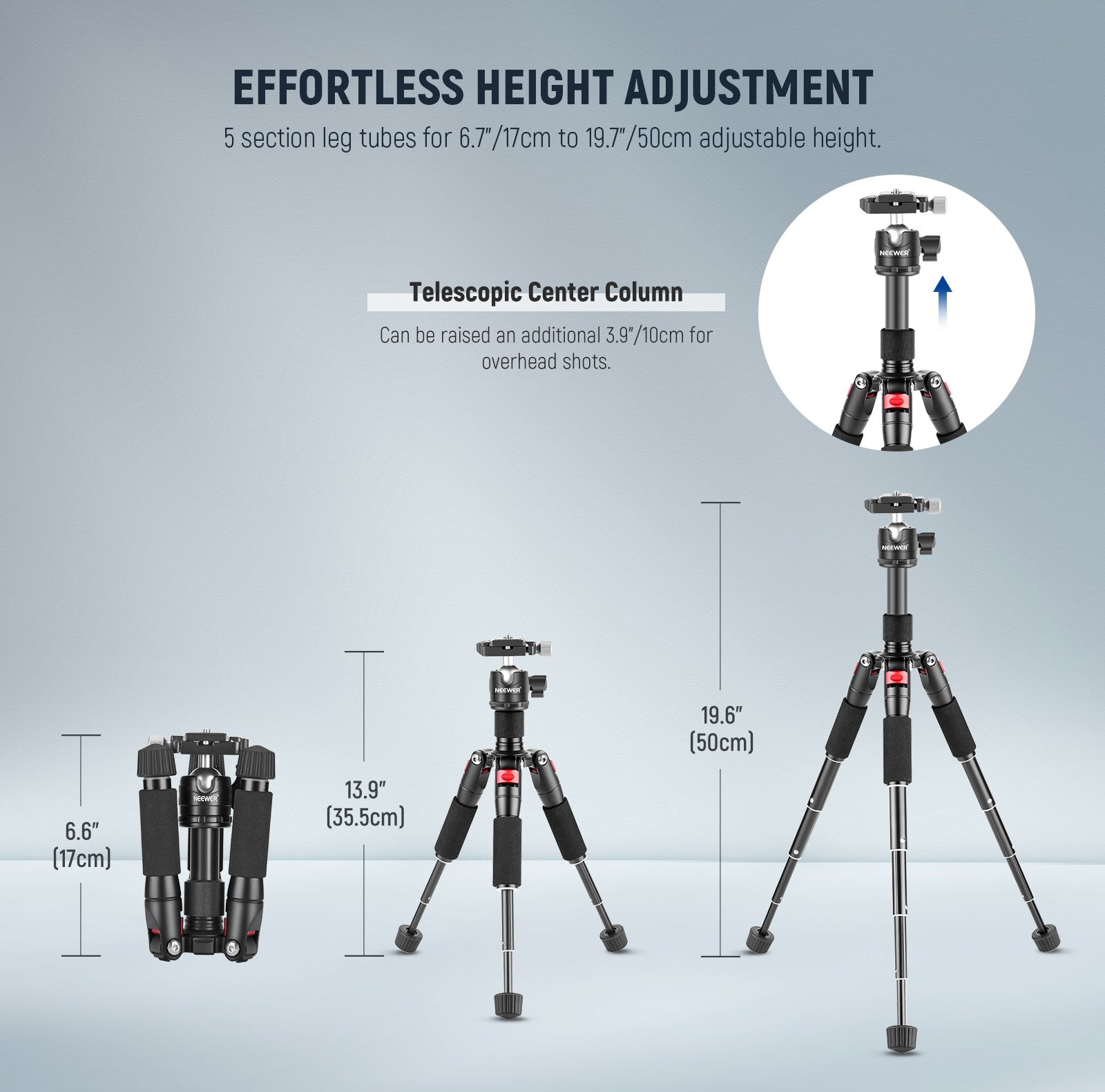 NEEWER M521 20" Aluminum Alloy Mini Camera Tripod is easily adjusted.