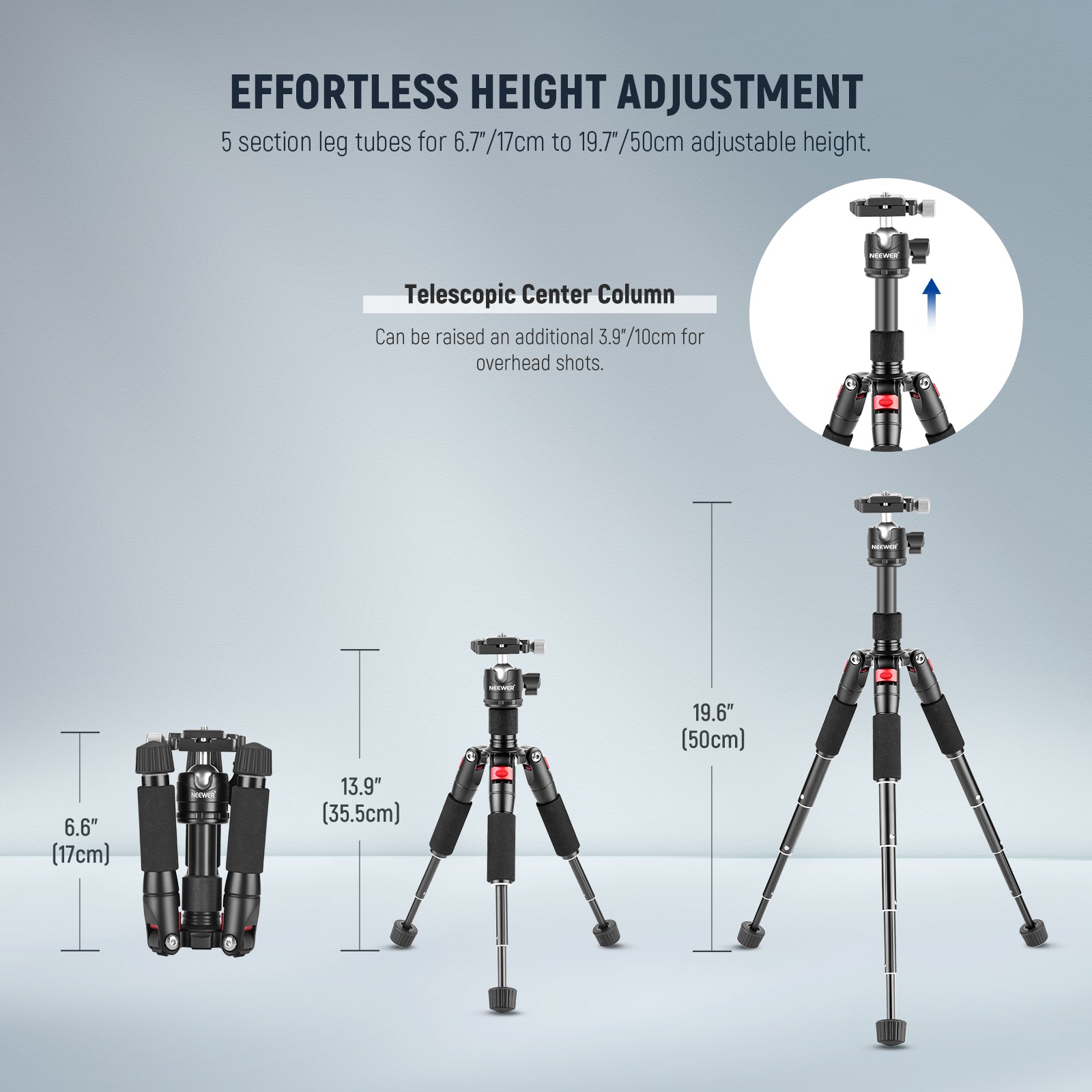 NEEWER M521 20" Aluminum Alloy Mini Camera Tripod is easily adjusted.