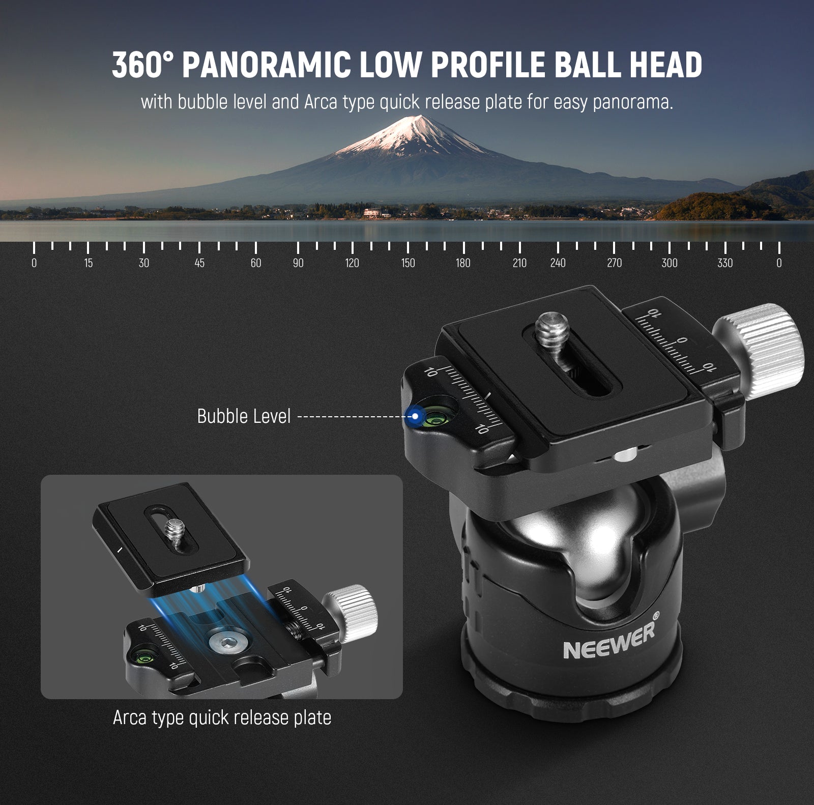 NEEWER M521 Aluminum Alloy Mini Tripod features 360° panoramic low profile ball head.