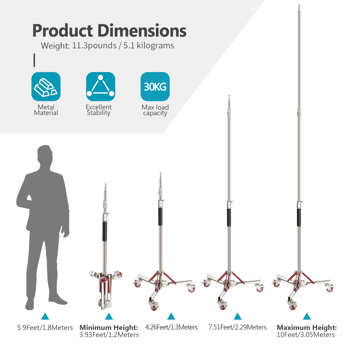 Product dimensions of the NEEWER 305cm Rolling Light Stand