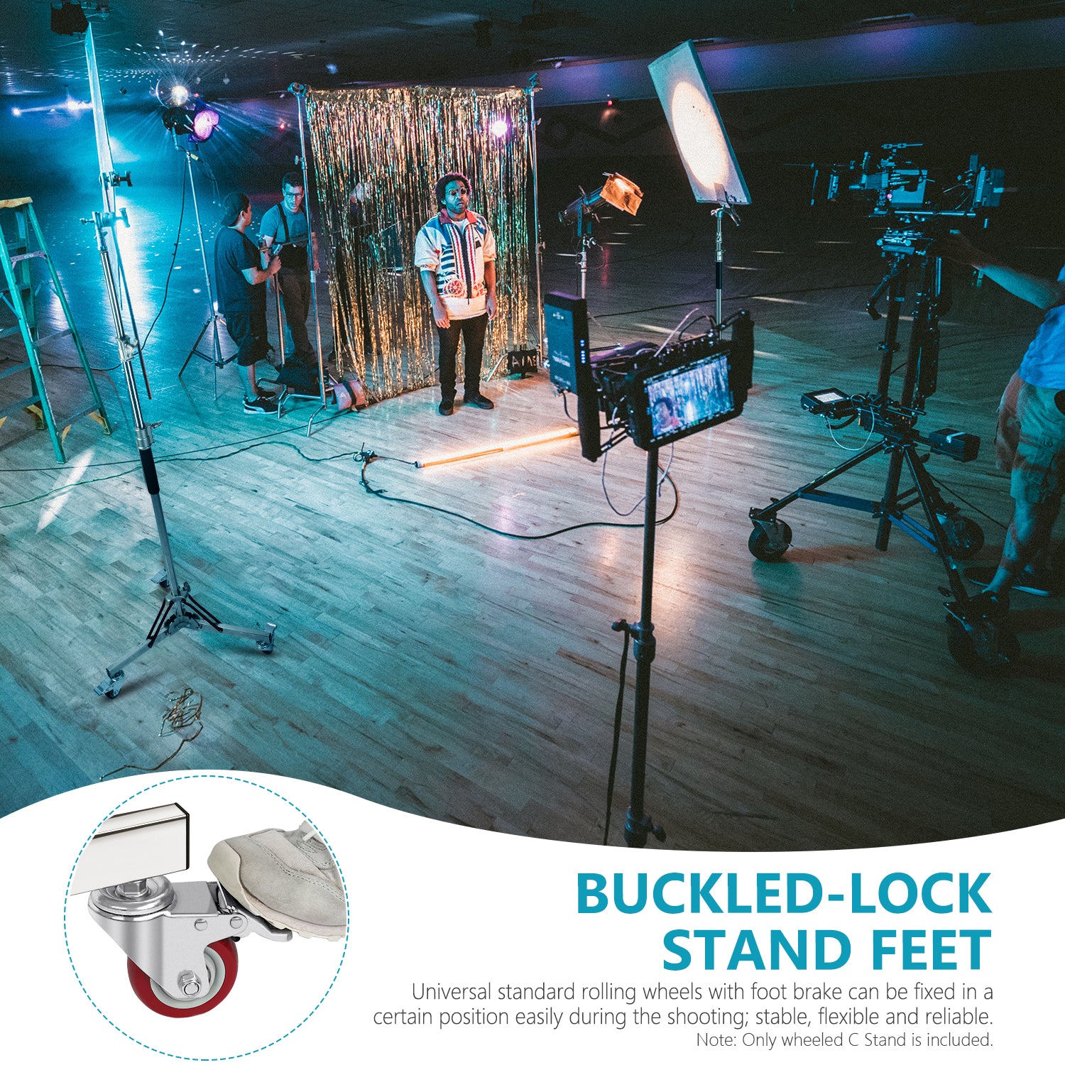NEEWER SC305W Heavy Duty Rolling Light Stand features the buckled-lock stand feet