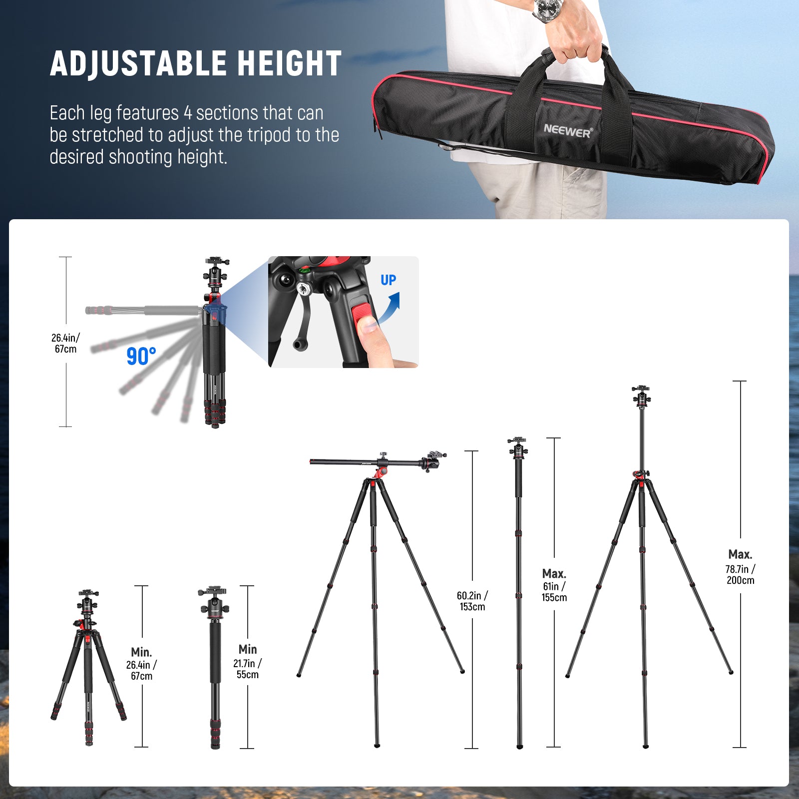 NEEWER N284L+G0 Camera Tripod Monopod can be adjusted to the desired shooting height.